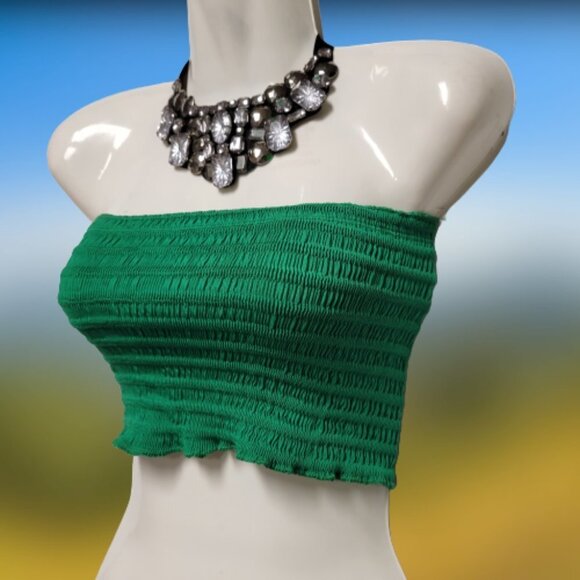 Green Sexy Crop Top Strapless Tube Top Smocked Stretchy Summer Bandeau - NEW - Picture 2 of 10